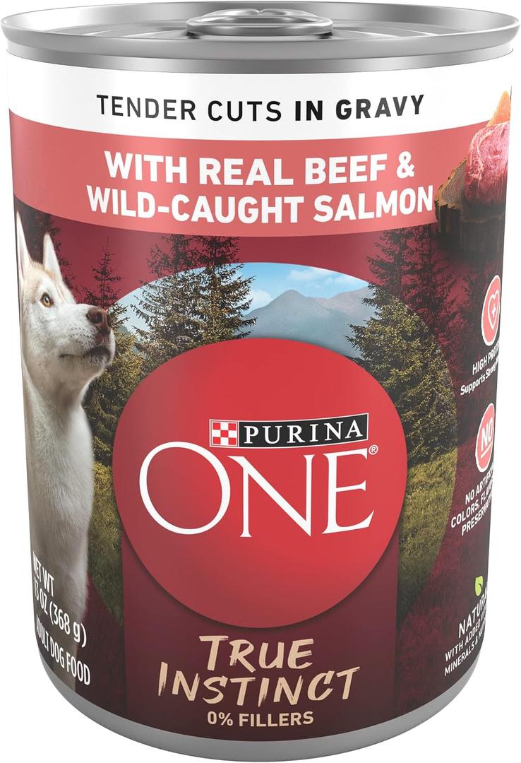 Purina ONE High Protein Wet Dog Food True Instinct Tender Cuts in Dog Food Gravy With Real Beef and Wild-Caught Salmon - (Pack of 12) 13 oz. Cans (EXP 07/31/28)