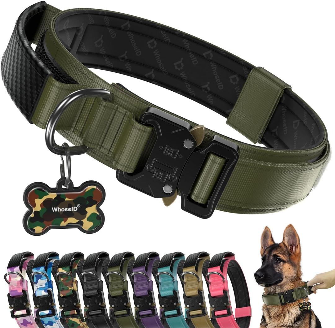 WhoseID Premium Tactical Dog Collar - Adjustable Military Heavy Duty Dog Collar for Medium Large Dogs - Durable Metal Buckle Dog Collar with Leather Control Handle and Soft Comfortable Padding (L: Fits Neck 17.5"-21.5", Army Green)