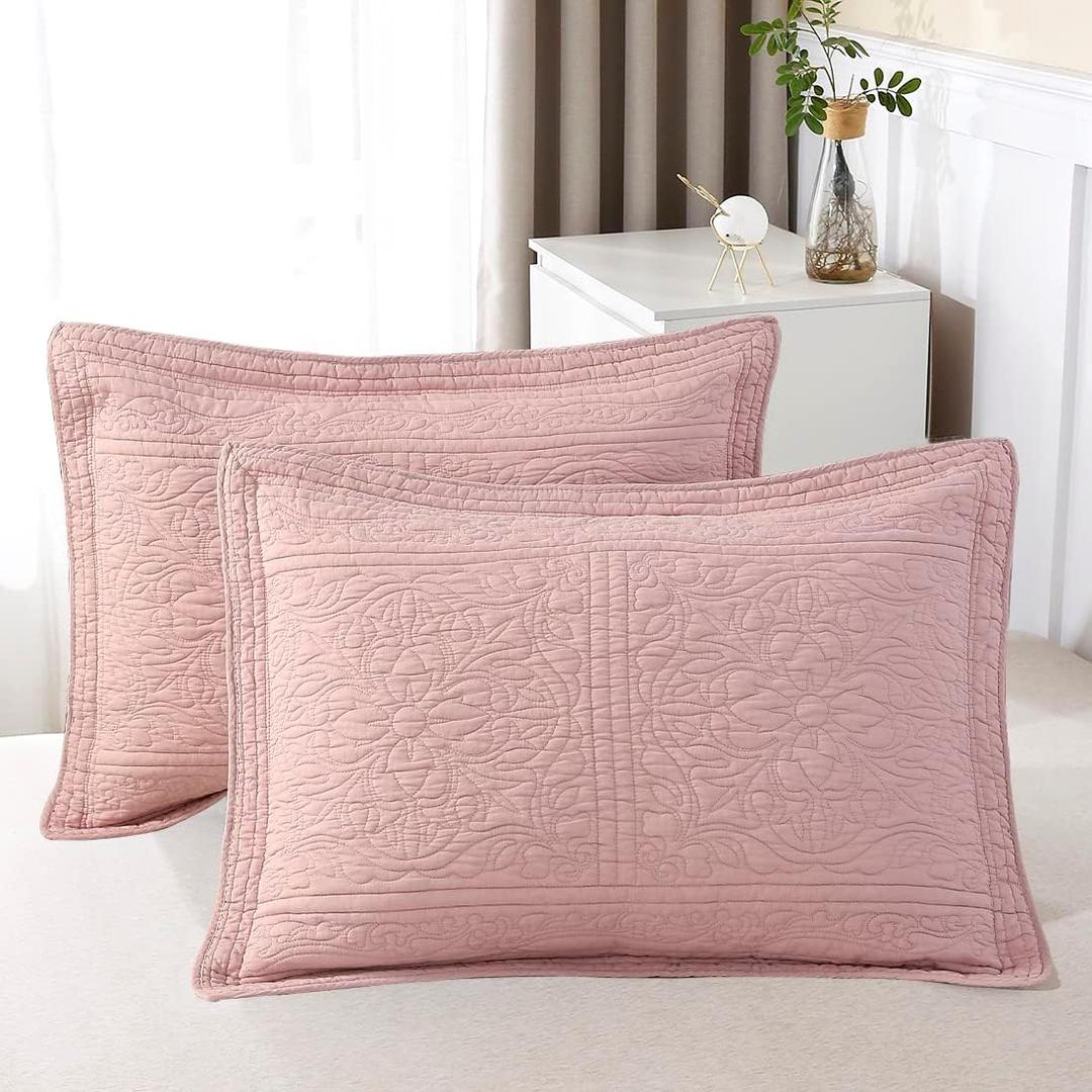 WINLIFE 100% Cotton Quilted Pillow Sham Floral Printed Pillow Cover (King, Dusty Pink)