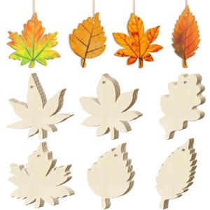 36PCS Wooden Fall Ornaments to Paint Thanksgiving Decorations, 6 Styles DIY Blank Autumn Unfinished Wood Maple Leaves Turkey Pumpkin Halloween Cutouts Ornament for Crafts Birthday Party Gifts Hanging