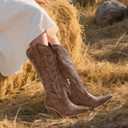 IDIFU IN3 Cowboy Boots for Women Cowgirl Knee High Western Embroidered Booties Side Zipper Low Block Chunky Heel Pull on Pointed Toe Tall Booties Comfy Dress Long Boots, US 9