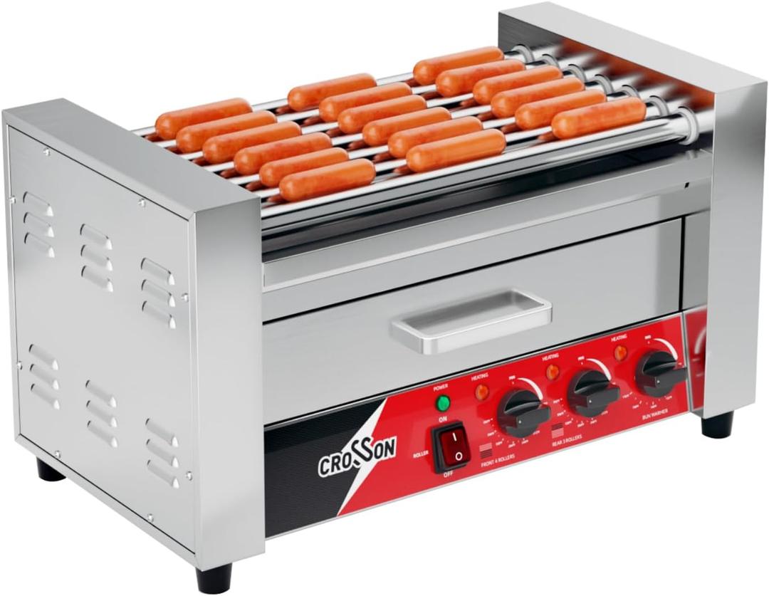 CROSSON Hot Dog 7 Roller with Bun Warmer,Commercial 7 Nonstick 304 Roller Grill Cooker Machine-120V, 1350W