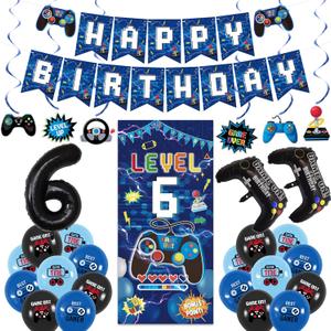 Vlipoeasn Blue 6th Birthday Decorations for Boys, Video Game Level 6 Banner Backdrop Hanging Swirls for 6th Birthday Party, Gamer 6 Years Old Party Supplies