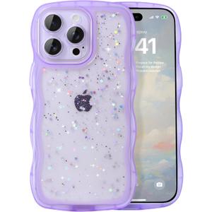 IAIYOXI Case for iPhone 14 - Curly Wave Edge Design, Bling Glitter Star Shiny Case, Cute Pink Clear Full Protection Soft TPU Shockproof Cover for Women and Girls (iPhone 14, Purple)