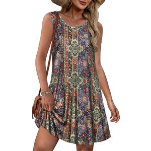 Summer Dresses for Women Beach Boho Sleeveless Vintage Floral Flowy Pocket Tshirt Tank Sundresses 2026 Small