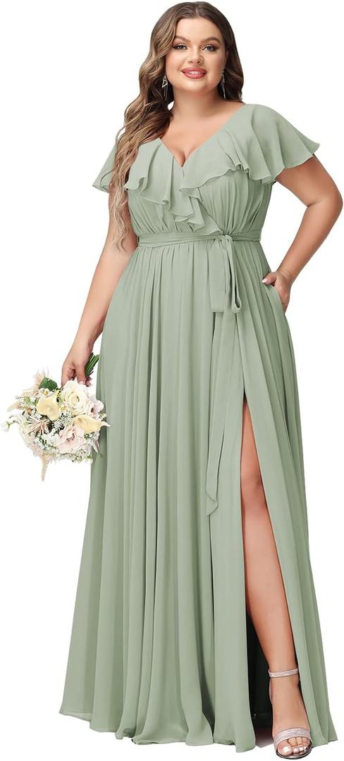 Raseal Women's Plus Size V Neck Long Bridesmaid Dresses with Belt Ruffled Chiffon Bridesmaid Dress with Split for Wedding Sage Green, Size 20W