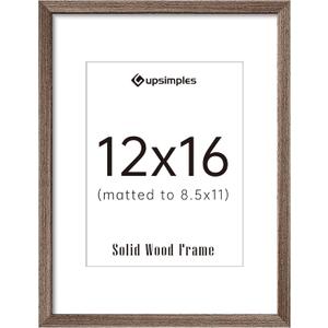Upsimples 12x16 Picture Frame, Natural Solid Wood Picture Frames, Display 8.5x11 with Mat or 12 x 16 Without, Vertical & Horizontal Wall Hanging, 1 Pack, Brown