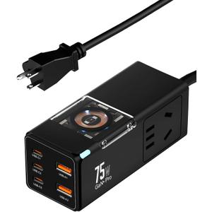 75W PD GaN3 Wall Rapid Charger Extension Cord with 3 U.S. AC Outlets and 1 Watch Wireless Charger, 2 USB-A Ports and 3 USB-C Ports, 9-in-1 Adapter for Office, Bedroom and Home