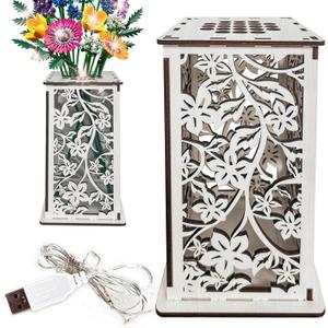 Wooden Vase for Lego Flowers Display Stand for Lego Flower, Cool vase with Hollow Flower PatternGift for Flower Lovers (White)