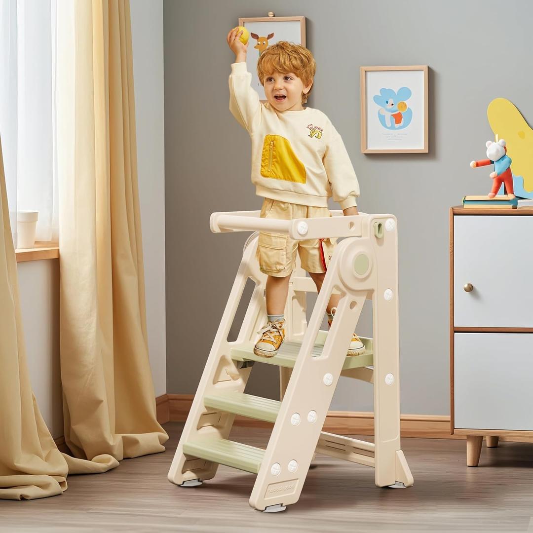 Foldable Toddler Tower Kitchen Step Stool for Sink Kids Adjustable Height Standing Tower for Children Montessori Learning Helper with Handles for Bathroom, Green