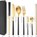 AARAINBOW 6 Pieces Stainless Steel Flatware Set Portable Reusable Cutlery Set Travel Utensils Set Including Chopsticks Knife Fork Spoon Straws Cleaning Brush Dishwasher Safe (B-Black golden)