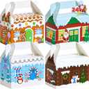 JOYIN 24 PCS 3D Christmas House Cardboard Treat Boxes for Holiday Xmas Goody Gift, Goodie Paper Boxes, School Classroom Party Favor Supplies, 4 Designs Candy Treat Cardboard Cookie Boxes (Blue, Orange, Brown, Red)