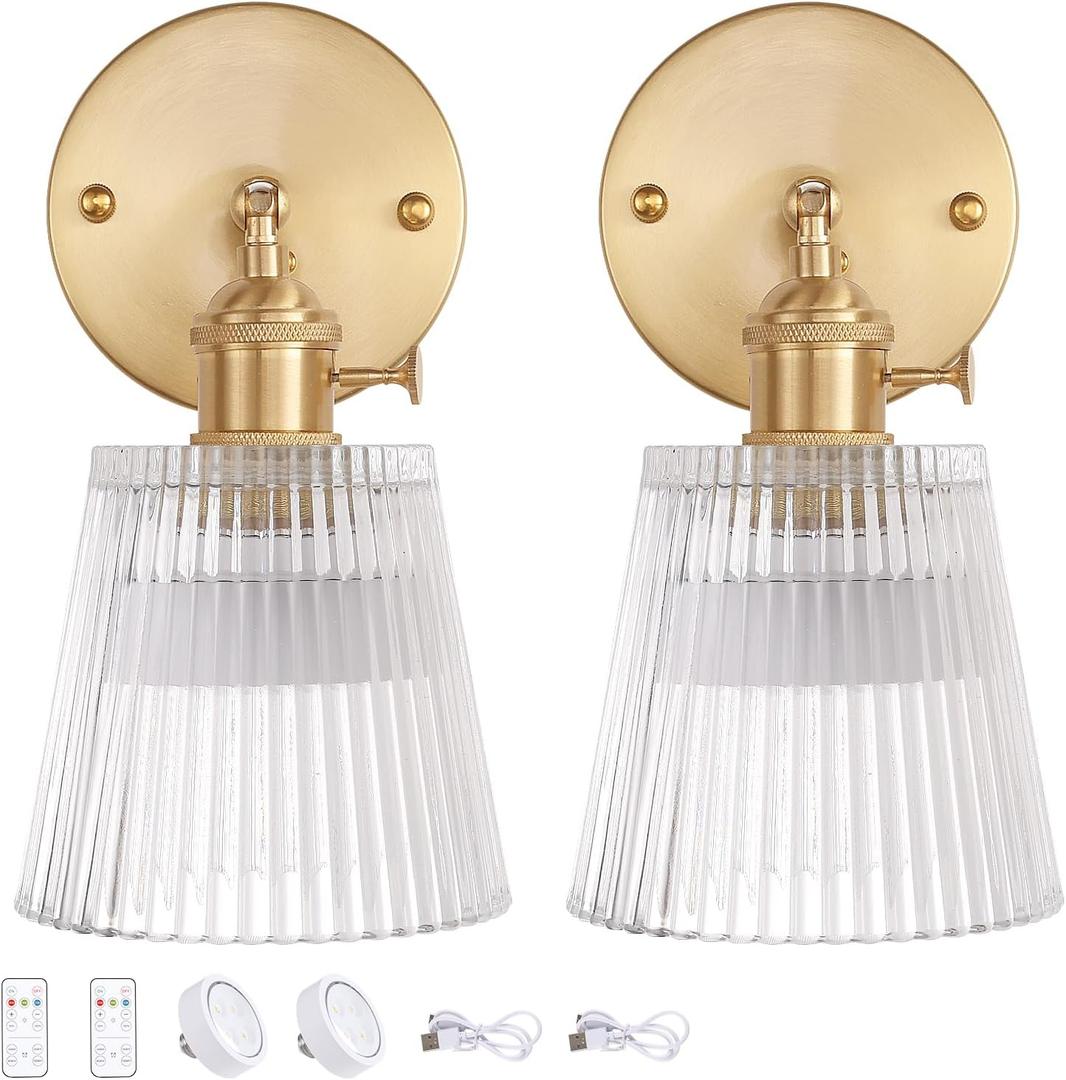 Vintage Battery Operated Wall Sconce with Transparent Stripe Glass Lampshade Rechargeable Battery Powered Wall Light with Remote Control for Bedside Bedroom Doorway, Set of 2