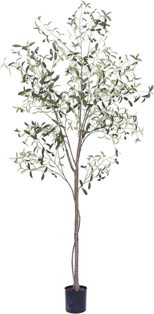Phimos Artificial Olive Tree Tall Fake Potted Olive Silk Tree with Planter Large Faux Olive Branches and Fruits Artificial Tree for Modern Home Office Living Room Floor Decor Indoor (7FT) (Green)