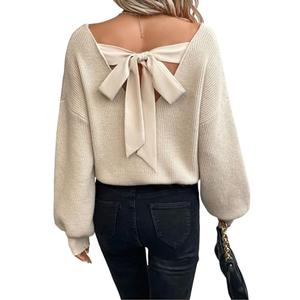 V Neck Sweaters Woman,Off The Shoulder Sweater Top,Fitted Long Sleeve Shirt Women,Tie Back Sweater,Knit Sweater Apricot