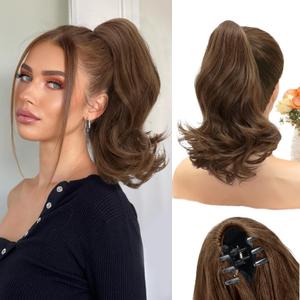 NAYOO Claw Clip Ponytail Extension Chestnut Brown 12" Short Wavy Ponytail Clip in Hair Extensions for Women Curly Natural Layered Pony Tails for Short Thin Hair Synthetic Hairpiece(Chestnut Brown)