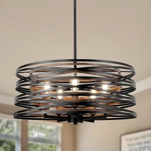 5-Light Drum Chandelier, 18.9'' Rustic Farmhouse Dining Room Light Fixture, Metal Faux Wood Black Round Chandeliers for Dining Room Kitchen Entryway Living Room