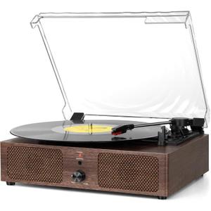 Vintage Wooden Record Player with Bluetooth 3-Speed Belt-Driven Turntable Built-in Speakers, Beginner Friendly Retro Phonograph for Home Decor, for Vinyl Enthusiasts (Walnut Finish)