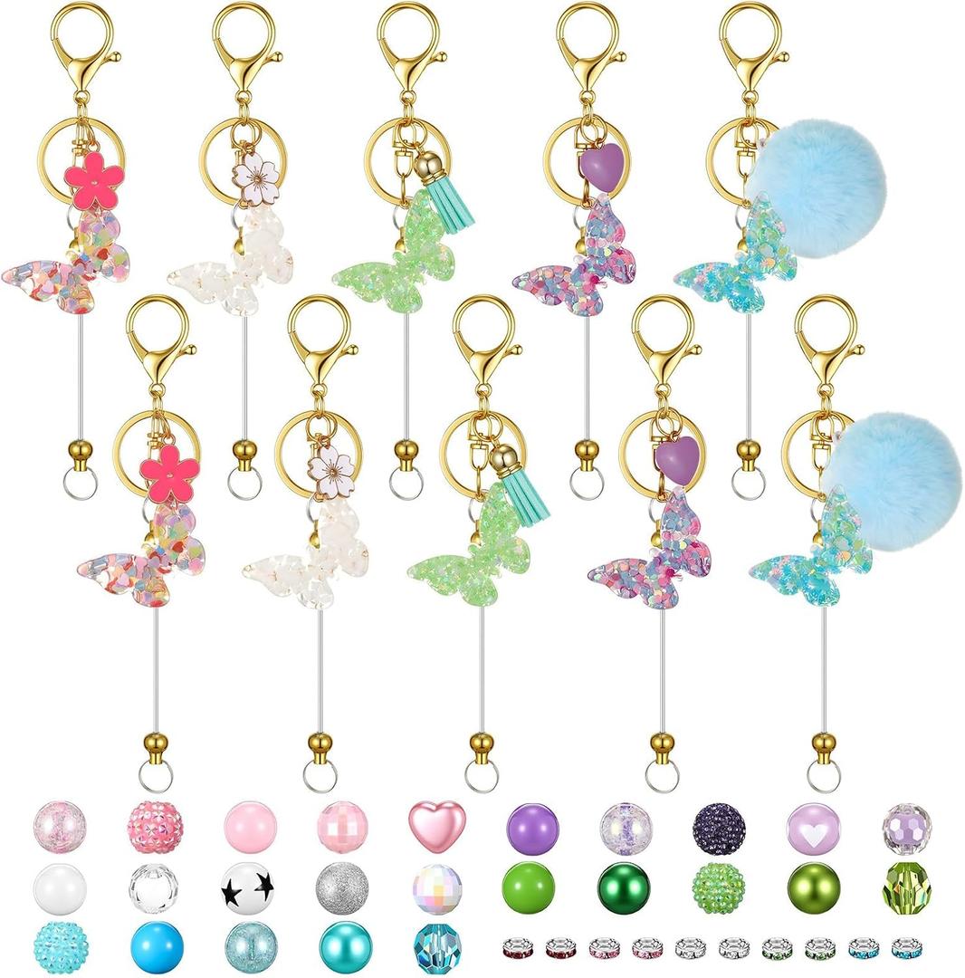 Novabright 10 Pcs Butterfly Beadable Keychains Set with Beaded Bars 5 Colors Resin Butterfly Keyring Butterflies Keychains Jewelry Making Kit for DIY Crafts Purse Handbags Mother Gift Women