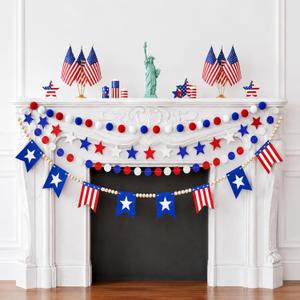 Dingion 4 Pcs 4th of July Garland for Mantle 40ft Patriotic Garland 250th Anniversary Decoration Wood Bead Independence Day Pom Pom American Flag White Red Blue Banner for Fireplace Indoors