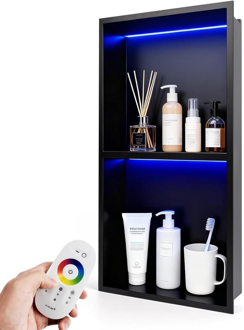 12" X 24" RGB LED Shower Niche No Tile Needed, Stainless Steel Shower Niche Insert Tile Ready, Recessed Wall Shelf for Bathroom Storage Organizer with Remote Control, Matte Black