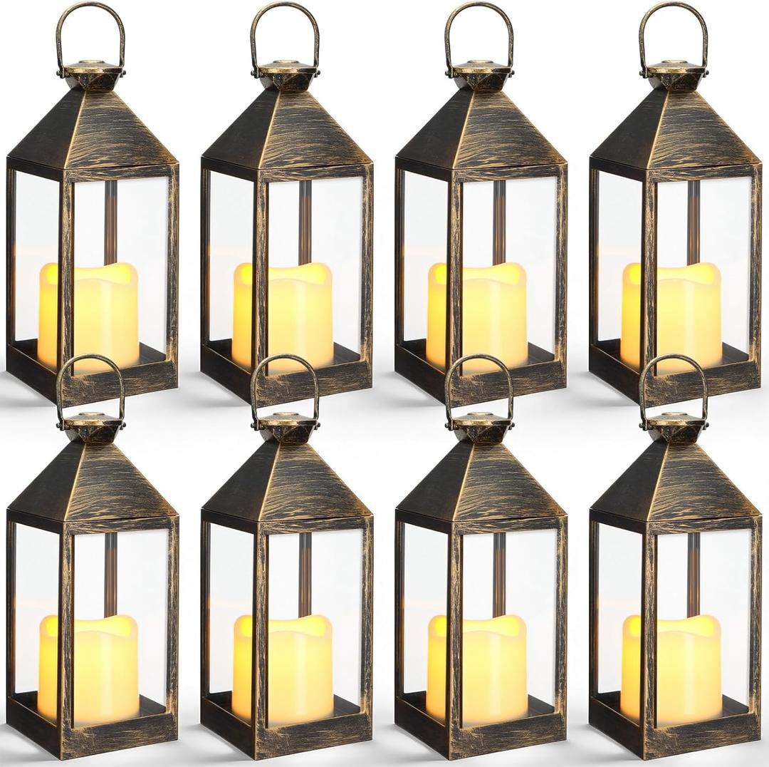 8 Pcs 10.6 Inch Decorative Candle Lanterns Bulk for Centerpieces Wedding Indoor Outdoor with LED Flameless Flickering Candle Hanging Farmhouse Lanterns Battery Powered for Party(Bronze)