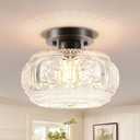 Semi Flush Mount Ceiling Light, Globe Glass Ceiling Light Fixture, Oil Rubbed Bronze with Gold Trim Modern Lighting for Hallway Bedroom Entryway Kitchen Porch, Bulb Not Included