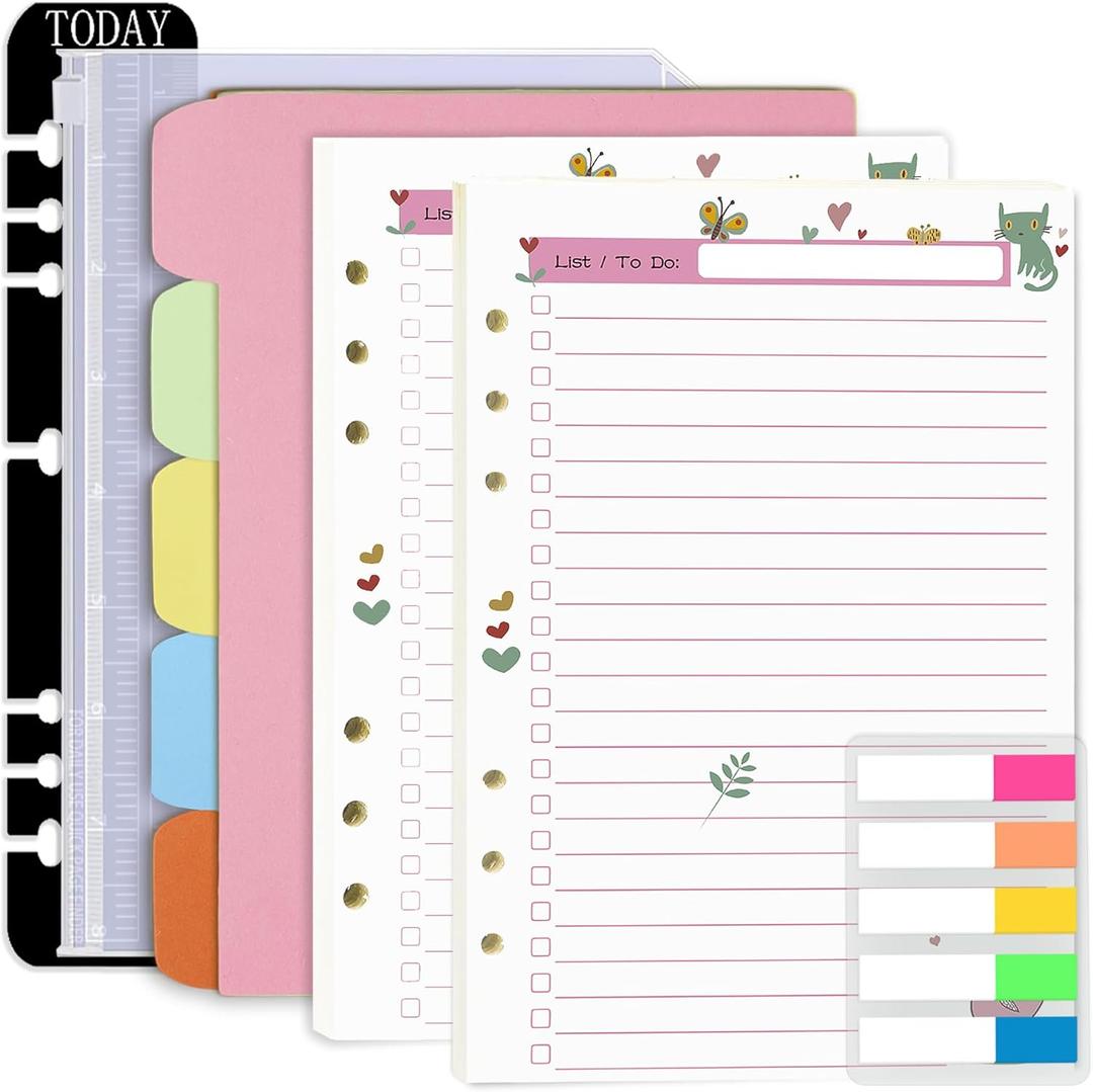 Rancco A5 Planner Inserts to Do List, 90 Pages Colorful 6-Ring Loose-leaf Planner Refills w/Binder Divider, Zipper Pouch, Ruler, Index Tab for Personal Journal, Filofax, Double-sided,Undated,5.58.3"