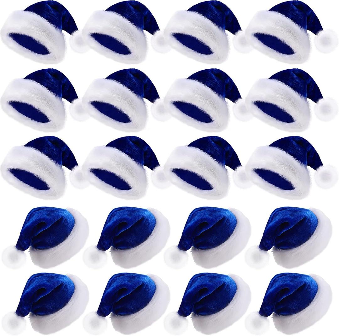 Vicenpal 20 Pcs Santa Hats Bulk Plush Christmas Hats for Adults Women Men Holiday Party Costume(Blue)