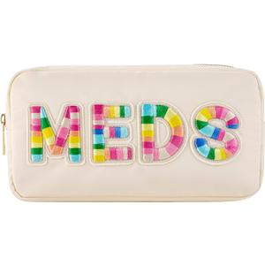 Personalized Chenille Letter Patch MEDS Bag, Cute Nylon Drug Medicine Travel Makeup Bag with Zipper, Preppy Vitamin Organizer Bag for Women and Girls (Beige-Rainbow)