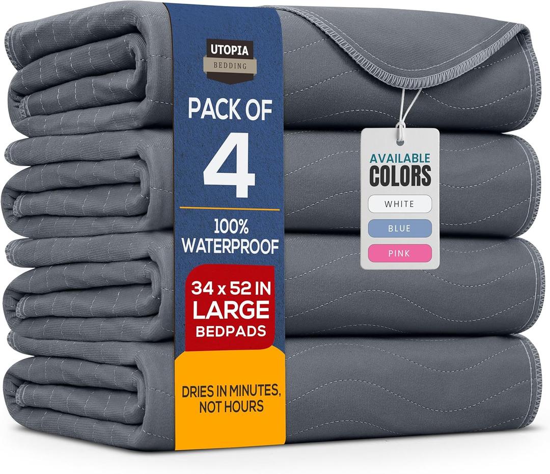 Utopia Bedding Washable Underpads 34" x 52" (Pack of 4), Waterproof Reusable Heavy Absorbency Incontinence Bed Pads for Adults, Kids, Elderly and Pets, Bedwetting Pads for Sofa and Couch 