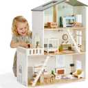 Giant bean Modern Wooden Dollhouse with Lights & 37PCS Furniture Set, Large