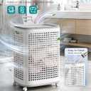 SONGMICS Laundry Hamper with Wheels, Plastic Laundry Basket, 19.8 Gallons (75 L), Slim Storage Basket, for Bathroom, Bedroom, White and Gray URLH020WG01