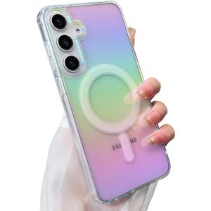 SAKUULO Magnetic Case for Samsung Galaxy S25 Plus Compatible with Magsafe, Bling Laser Iridescent Florescent Crystal Sparkly Luxury Shockproof Protective Cover for Women Men