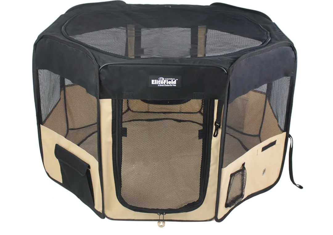 EliteField 2-Door Soft Pet Playpen, Exercise Pen, Multiple Sizes and Colors for Dogs, Cats and Other Pets (62" x 62" x 36"H, Black+Beige)