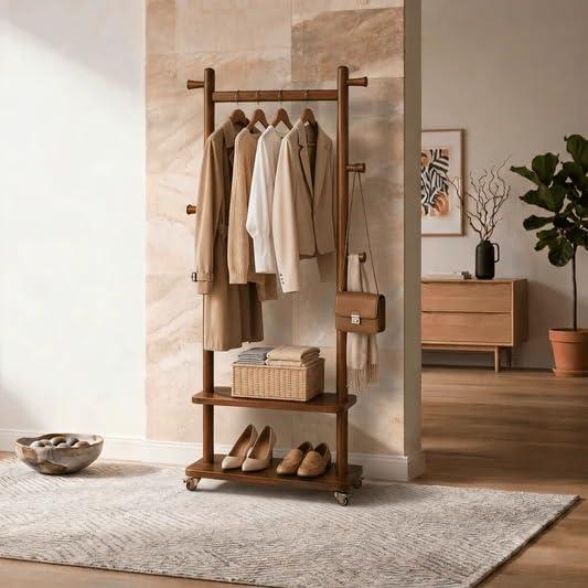 Coat Rack Freestanding Solid Wood Clothes Rack with Wheels
Space Saving,Stable 5 Hooks 2 Shelves Coat Tree,Silent 360 Degree Wheels,Heavy Duty 150 lb Capacity for Entryway Bedroom