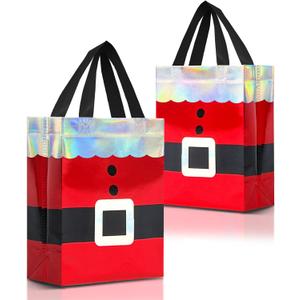 Nush Nush 12 Christmas Gift Bags Medium Size  Reusable Christmas Bags for Gifts With Handles and Holographic Santa Design - Perfect for Holiday Gifts, Presents,Goodies, Xmas Party Favors - 8 x4 x 10