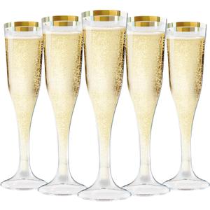 Zcaukya 100 Plastic Champagne Flutes, 4.5oz Clear Disposable Hard Stemware Cups with Golden Rim, Plastic Champagne Glasses for Wedding, Graduation Party, Bridal Shower, Birthday Party