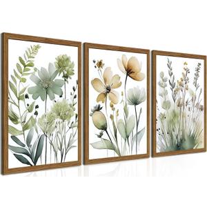 Wood Framed Sage Green Botanical Wall Art Set of 3, Boho Floral Canvas Wall Decor Paintings, Minimalist Flower Posters Prints Pictures for Bedroom Bathroom Living Room Home Decor 12x16 Inch