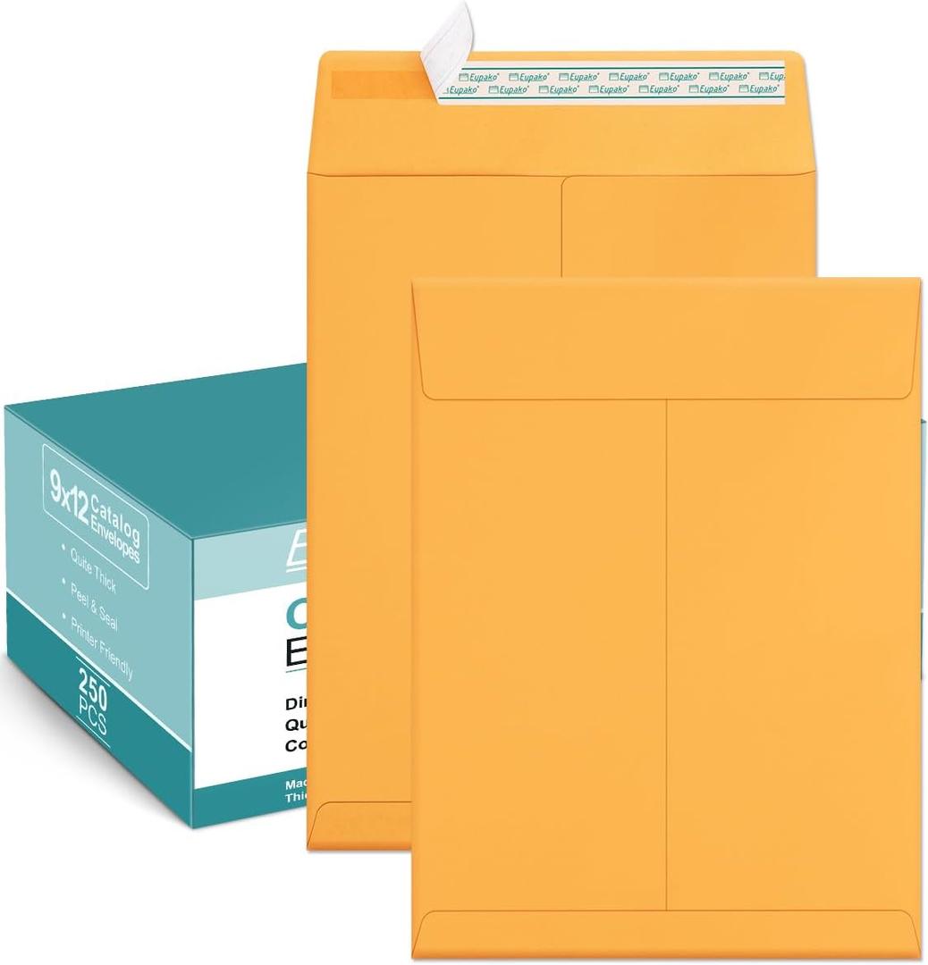 Eupako Catalog Mailing Envelopes 9x12 Brown Envelopes Self Seal 250 Pack for Organizing and Storage