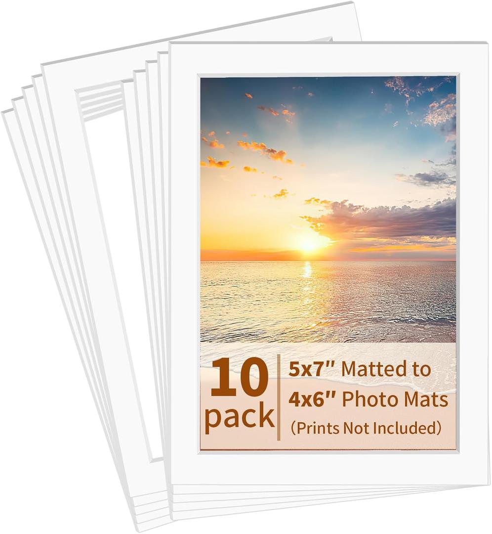 Yeestone 10 Pack Picture Frame Mats, 5x7 Matted to 4x6 Photo Mats, Acid Free Picture Matting for Pictures Photos Watercolor Artwork (White)