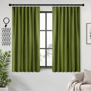 ANRODUO Rod Pocket and Back Tab Pleated Blackout Curtains with Hooks, Rings, Green Curtains 63 Inches Long 2 Panels, Thermal Insulated Room Darkening Living Room Bedroom Curtain, 42x63 Inches