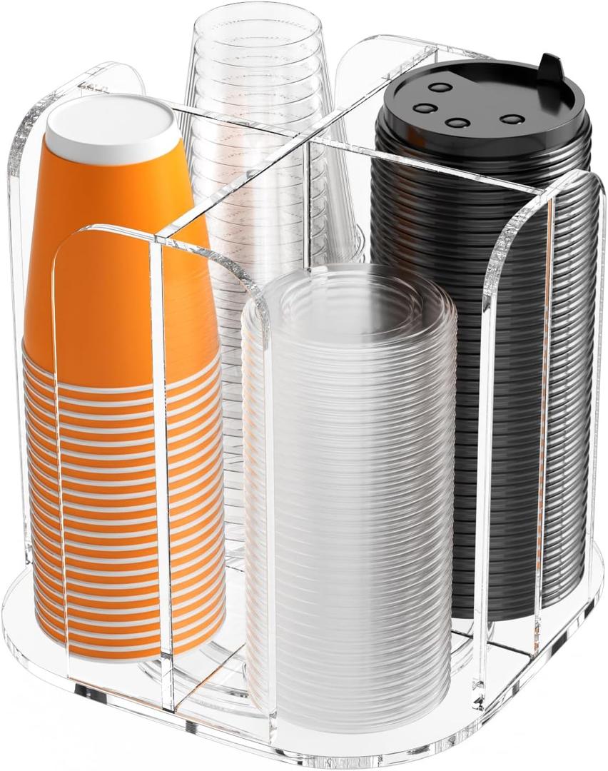 Beego Rotatable 4-Compartment Acrylic Cup Dispenser - Coffee Station Cup and Lid Carousel Countertop Plastic Cup Holder for Restaurant Breakroom Coffee Bar (Clear)
