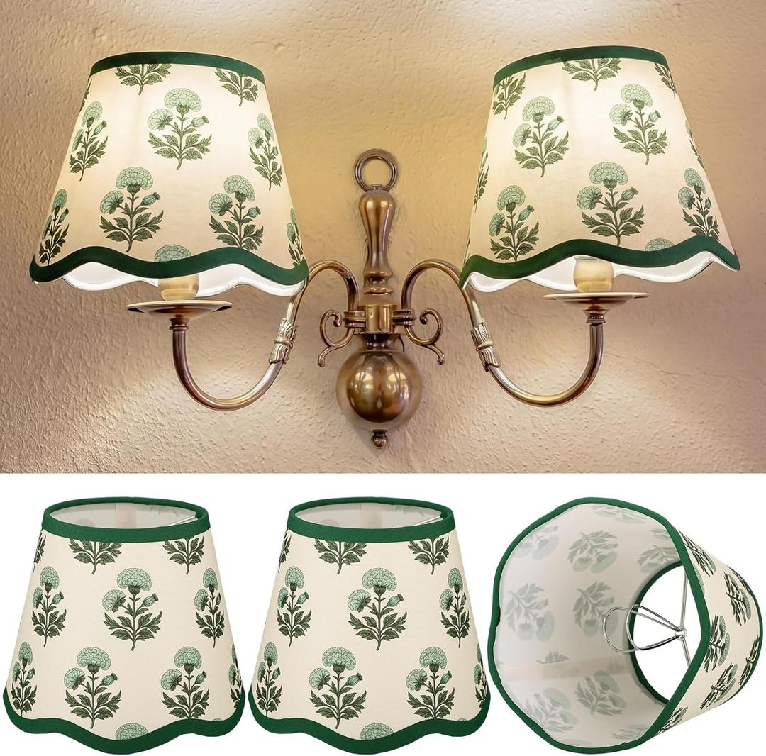 Lewtemi 2 Pcs Block Print Cotton Scalloped Lamp Shades Medium 4x5x6 Inch Chandelier Lampshades Natural Tapered Lampshades with Trim for Table Lamp and Home Decor