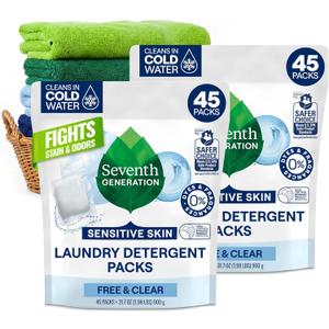 Seventh Generation Laundry Detergent Packs, Free & Clear, 90 Loads (2 pouches, 45 Ct EA)