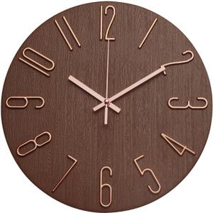 Wall Clock 12 Inch Silent Non-Ticking Imitation Wood Indoor Clock Round Brown Decor Clock Modern 3D Figures Quartz Wall Clocks for Home, Hotel, Office, School
