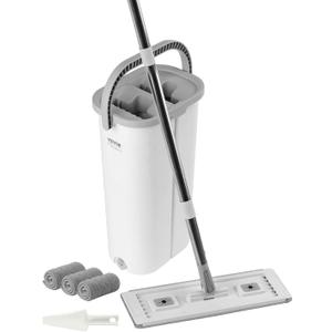 VEVOR Mop and Bucket with Wringer Set, Wet & Dry Use, Flat Mop and Bucket System with 3 Washable Microfiber Pads, Flat Mop with Stainless Steel Handle, Mop Bucket Set for Hardwood Tile Vinyl