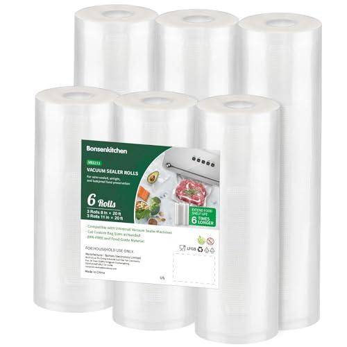Set Bonsenkitchen Vacuum Sealer Rolls Bags, 11 Pack 6 Rolls 11" x 20' + 5 Rolls 8" x 20' Commercial Grade BPA Free Bag Rolls, Durable Customized Size Food Vac Bags for Storage and Sous Vide Cooking VB3211