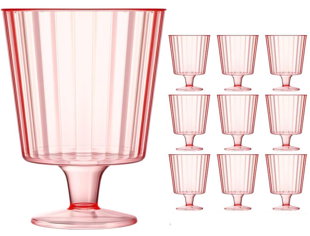 Reallnaive 10 Pcs Plastic Ribbed Goblet 5 oz Wine Glasses with Stem, Reusable Retro Cups for Wine Bar Juice Baby Shower Wedding Reception Grand Event Party (Pink)