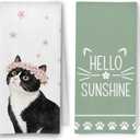 Hello Sunshine Cat Kitchen Towels Set of 2 | Set of 2 16x24 in floral cat towels with cute black and white cat design for kitchen, bathroom, or spring farmhouse decor.